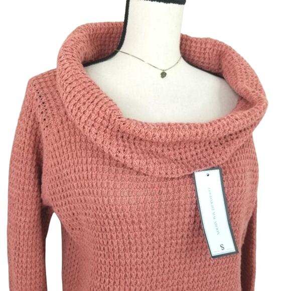 Nude Pink Chunky Cowl Off Shoulder Sweater S Boho Cozy Cabincore Neutral NEW - Picture 3 of 10